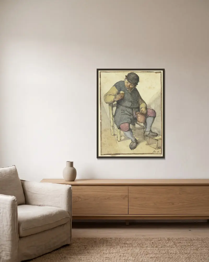 Sitzender Bauer von vorn, mit Krug und Glas av Adriaen van Ostade inramad på en vägg
