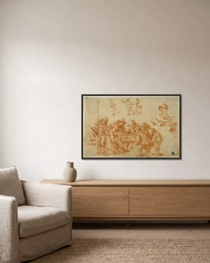 Skizzen von Bauern beim Würfelspiel und beim Schlittschuhlaufen; Skizze eines Jungen auf dem Schlitten von Adriaen van Ostade gerahmt an einer Wand