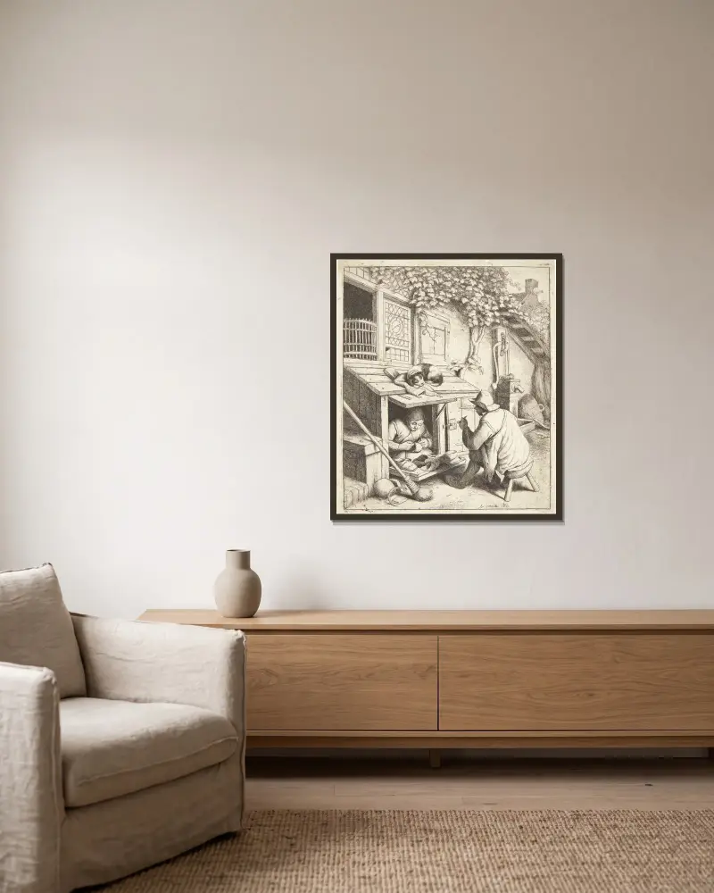 Der Schuster, 1672 von Adriaen van Ostade gerahmt an einer Wand