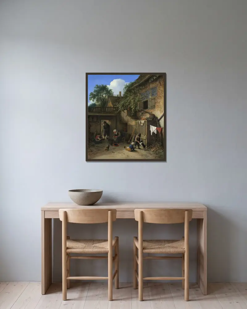 The Cottage Dooryard av Adriaen van Ostade inramad på en vägg