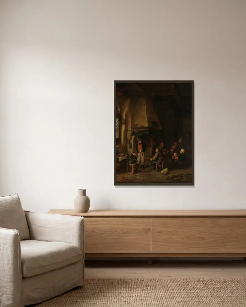 The Skaters; Peasants in an Interior av Adriaen van Ostade inramad på en vägg