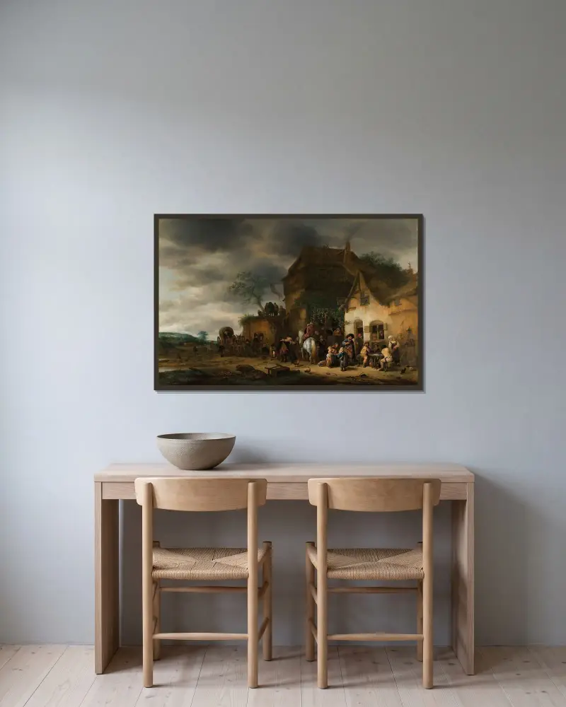 Travellers Halted At A Country Inn av Adriaen van Ostade inramad på en vägg