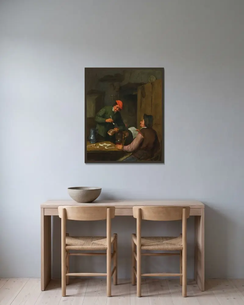 Två bönder röker, dricker och läser på en krog av Adriaen van Ostade inramad på en vägg