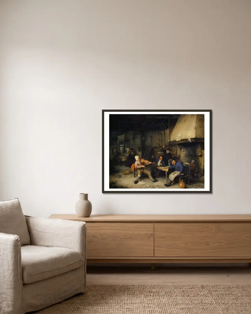Violin Player and Drinking Farmers in a Tavern II av Adriaen van Ostade inramad på en vägg