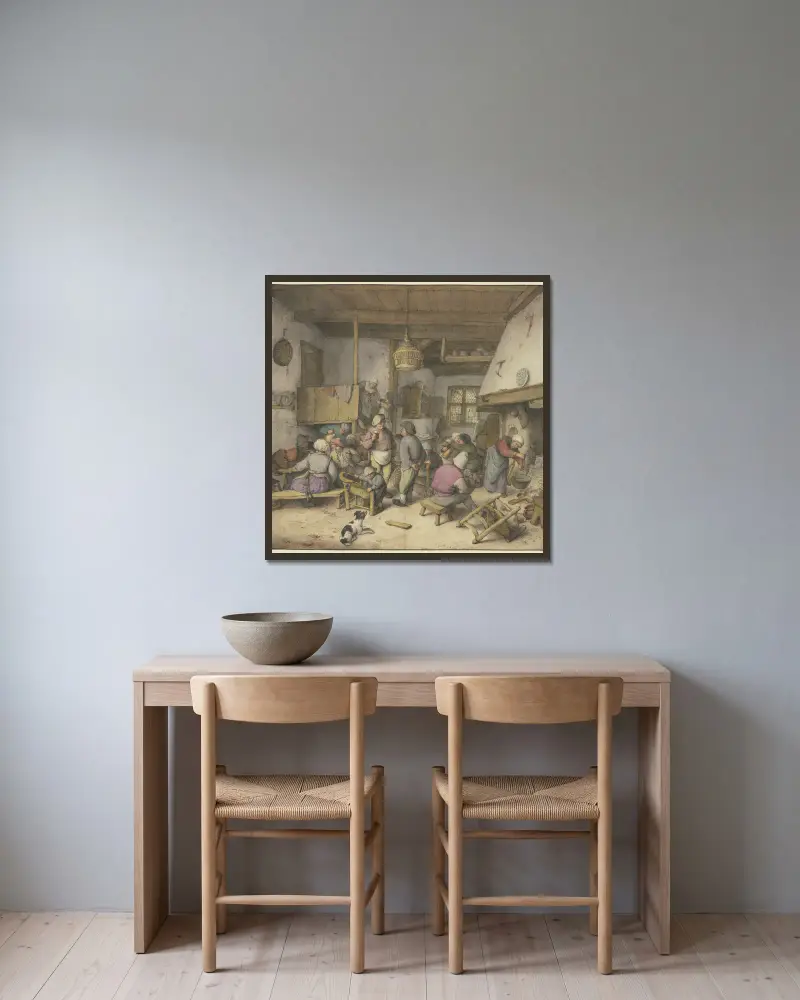Wirtshausinterieur mit rauchenden, trinkenden und kosenden Bauern av Adriaen van Ostade inramad på en vägg