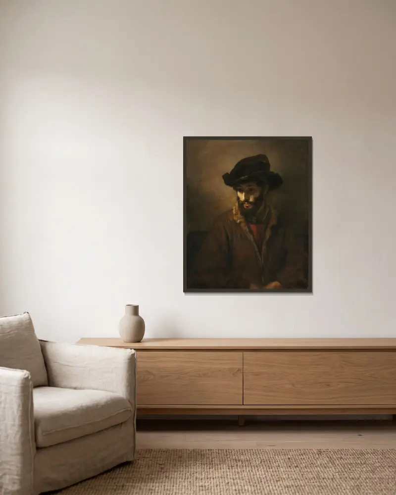Ein bärtiger Mann mit Hut von Rembrandt van Rijn gerahmt an einer Wand