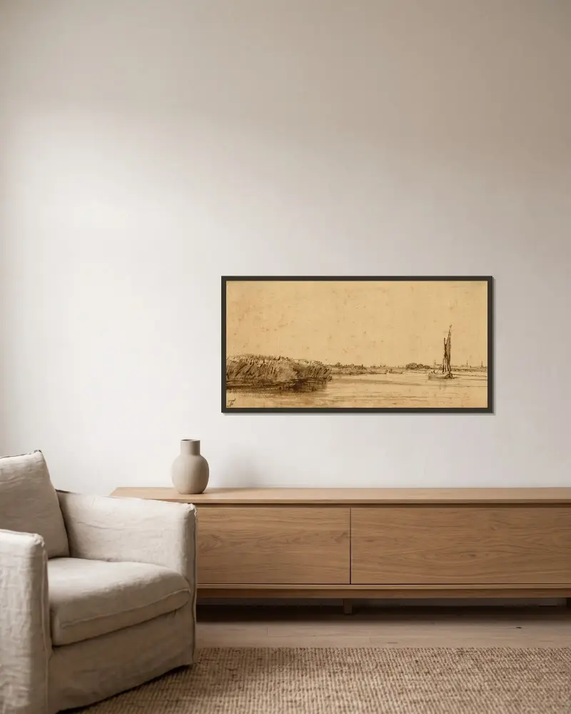 A Sailing Boat on a Wide Expanse of Water av Rembrandt van Rijn inramad på en vägg