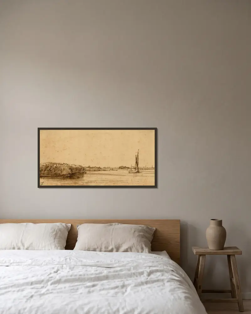 A Sailing Boat on a Wide Expanse of Water av Rembrandt van Rijn inramad på en vägg