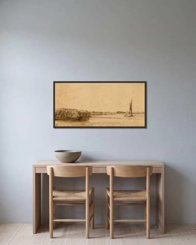 A Sailing Boat on a Wide Expanse of Water av Rembrandt van Rijn inramad på en vägg