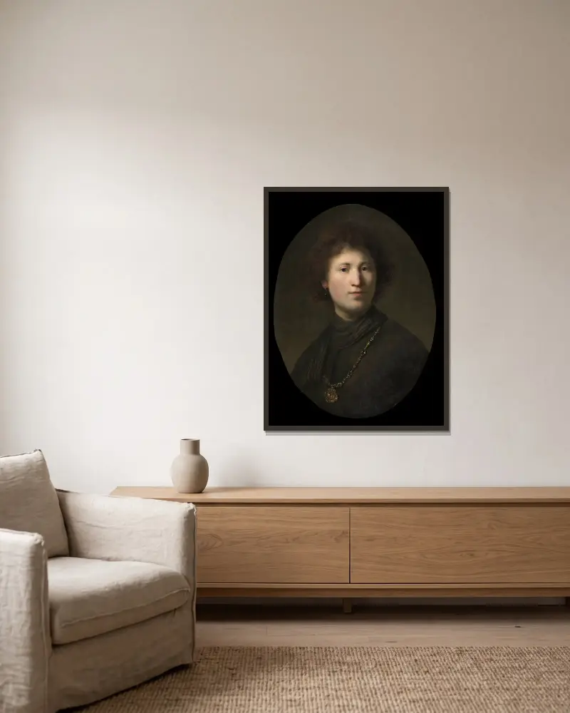 Bildnis eines jungen Mannes mit einer Kette von Rembrandt van Rijn gerahmt an einer Wand