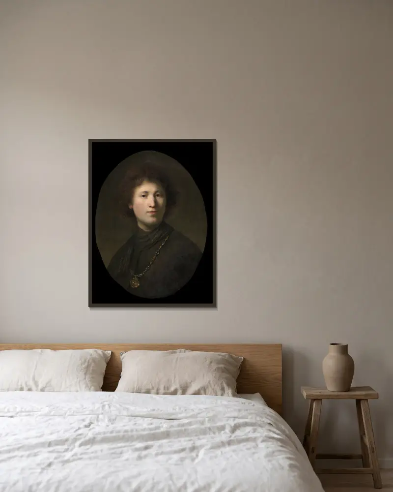 Bildnis eines jungen Mannes mit einer Kette von Rembrandt van Rijn gerahmt an einer Wand