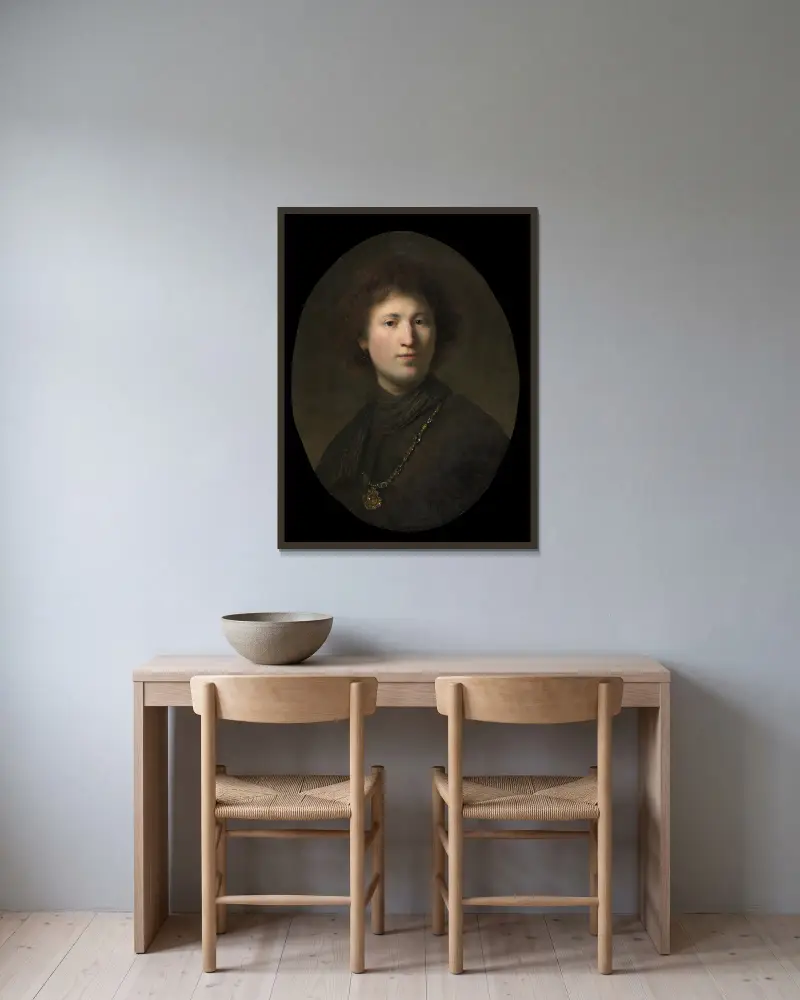 Bildnis eines jungen Mannes mit einer Kette von Rembrandt van Rijn gerahmt an einer Wand