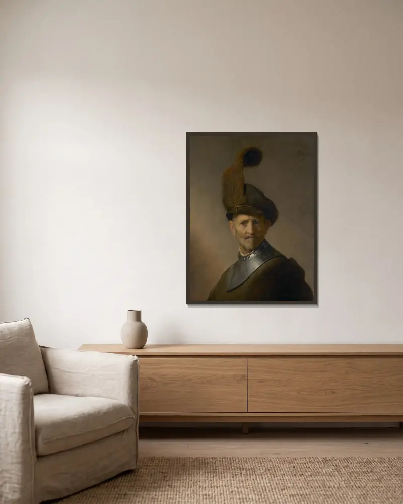 Gammal man i militärdräkt av Rembrandt van Rijn inramad på en vägg