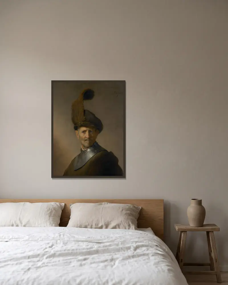 Gammal man i militärdräkt av Rembrandt van Rijn inramad på en vägg