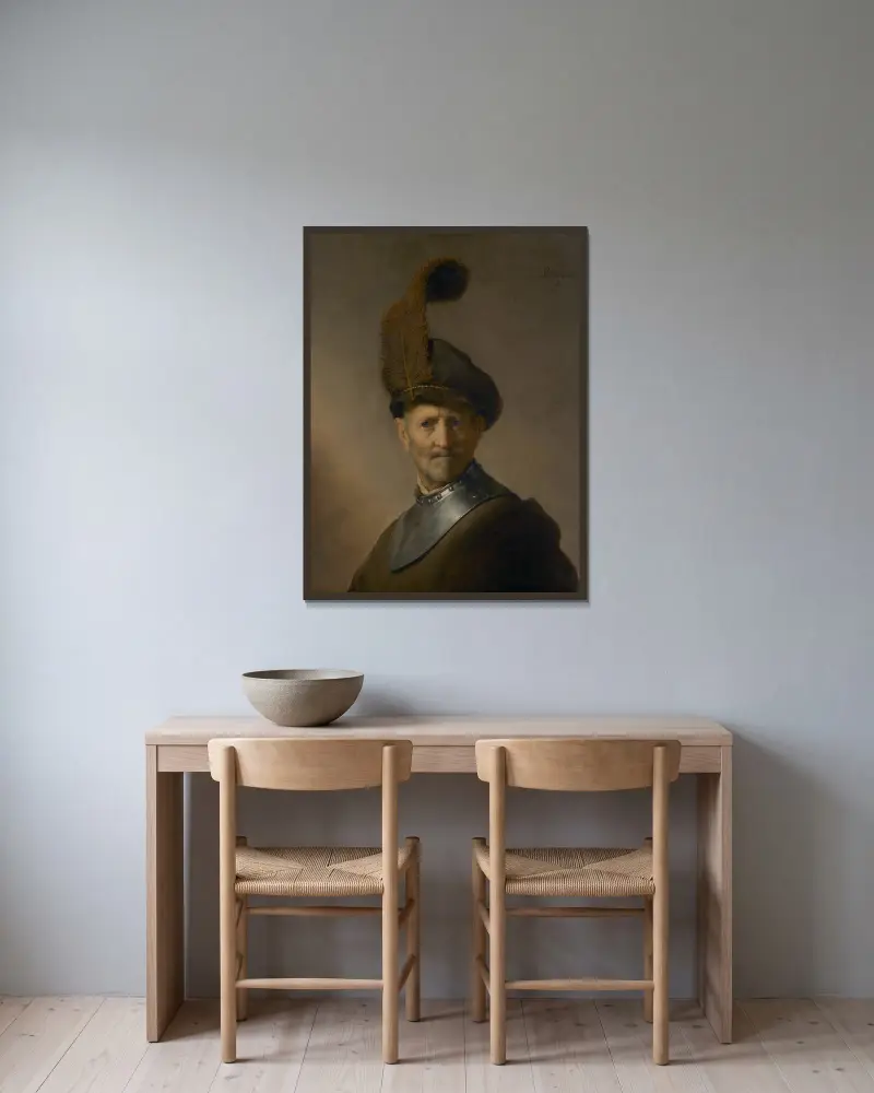 Gammal man i militärdräkt av Rembrandt van Rijn inramad på en vägg