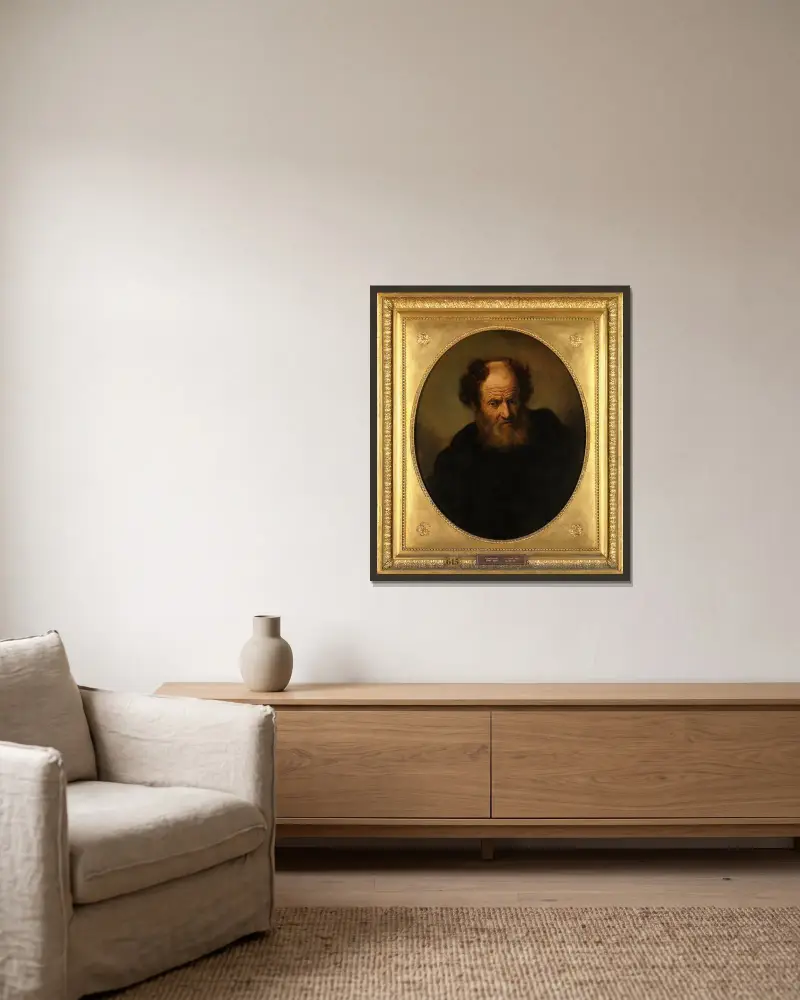 Bildnis eines alten Mannes von Rembrandt van Rijn gerahmt an einer Wand