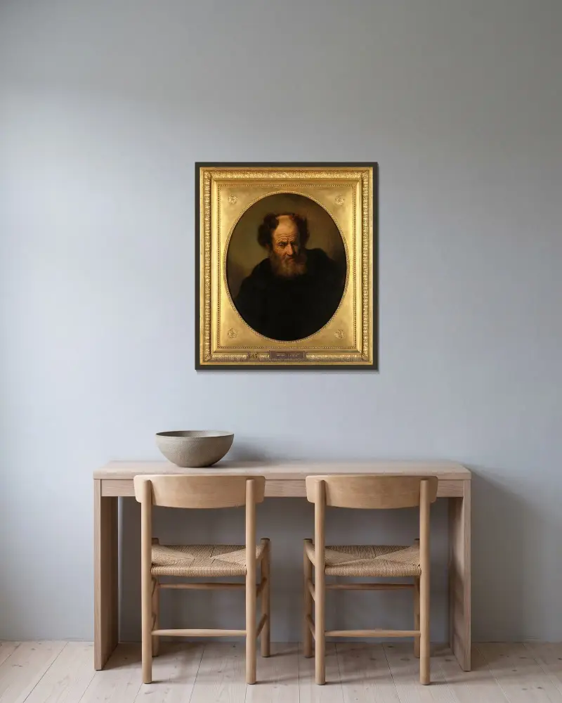 Bildnis eines alten Mannes von Rembrandt van Rijn gerahmt an einer Wand