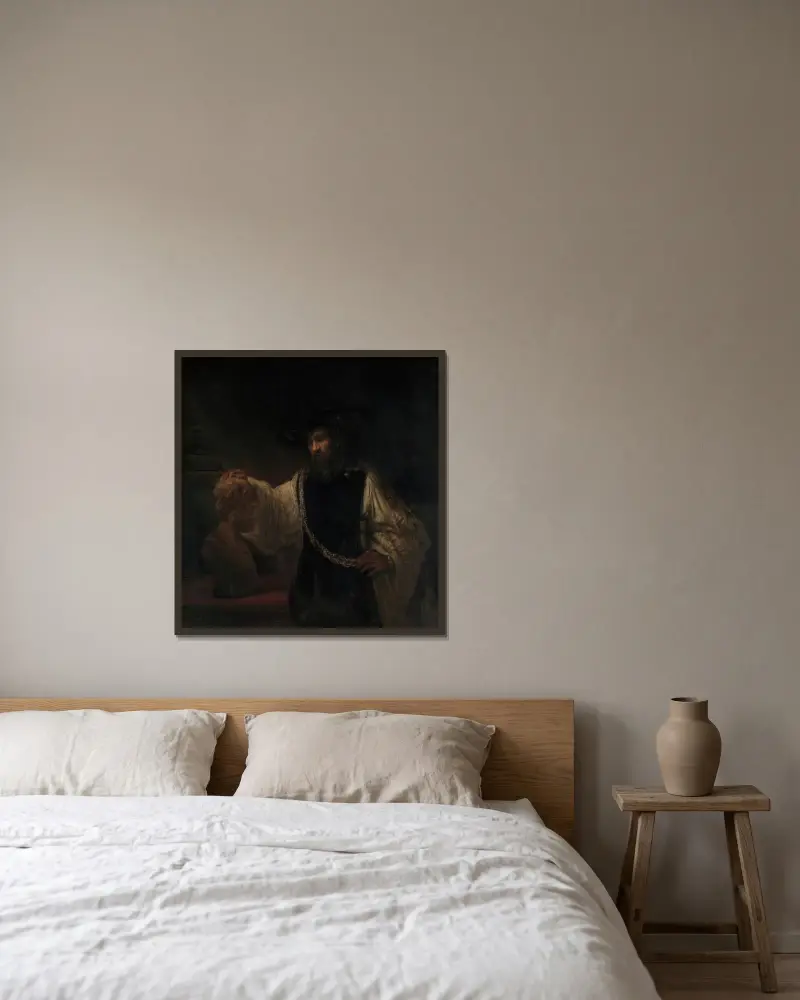 Aristotle with a Bust of Homer av Rembrandt van Rijn inramad på en vägg