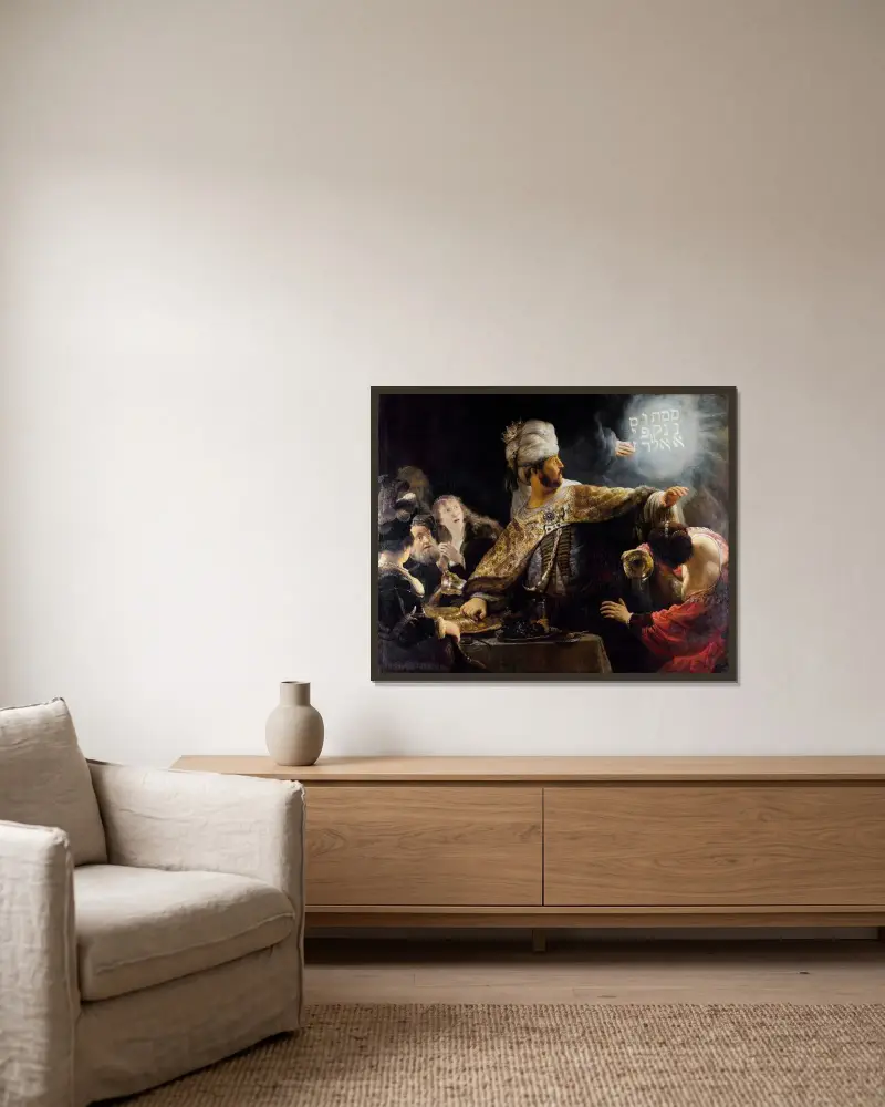 Belsazars Gastmahl von Rembrandt van Rijn gerahmt an einer Wand