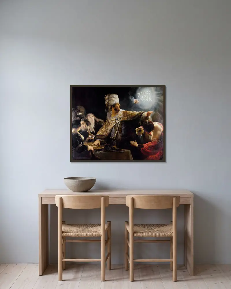Belsazars Gastmahl von Rembrandt van Rijn gerahmt an einer Wand