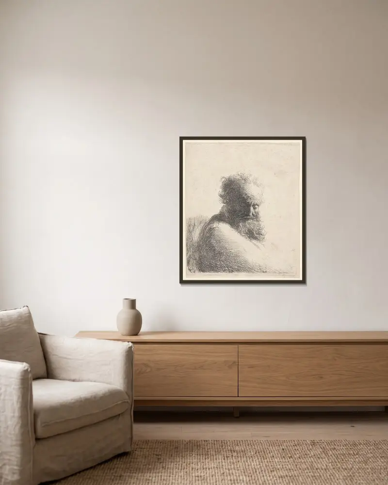 Büste eines alten bärtigen Mannes, nach unten blickend von Rembrandt van Rijn gerahmt an einer Wand