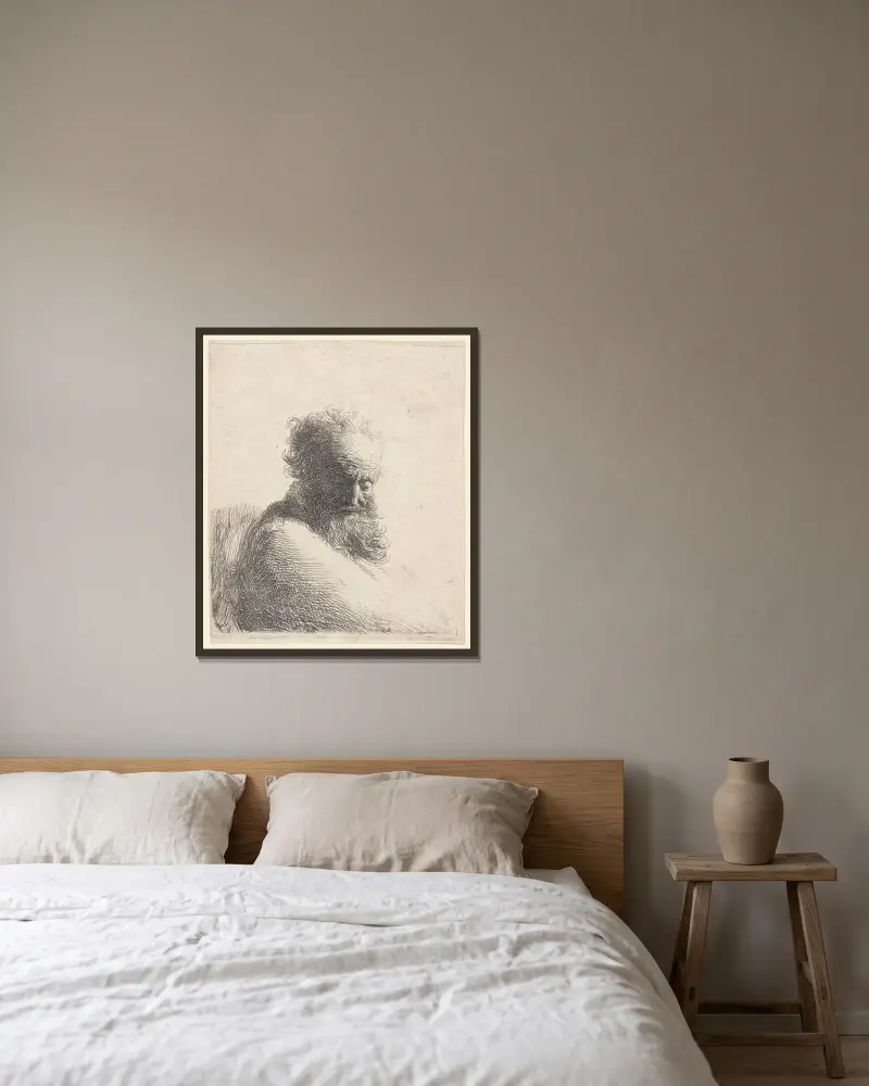 Büste eines alten bärtigen Mannes, nach unten blickend von Rembrandt van Rijn gerahmt an einer Wand