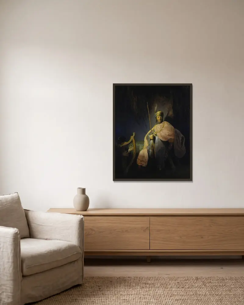 David spelar harpa inför Saul av Rembrandt van Rijn inramad på en vägg