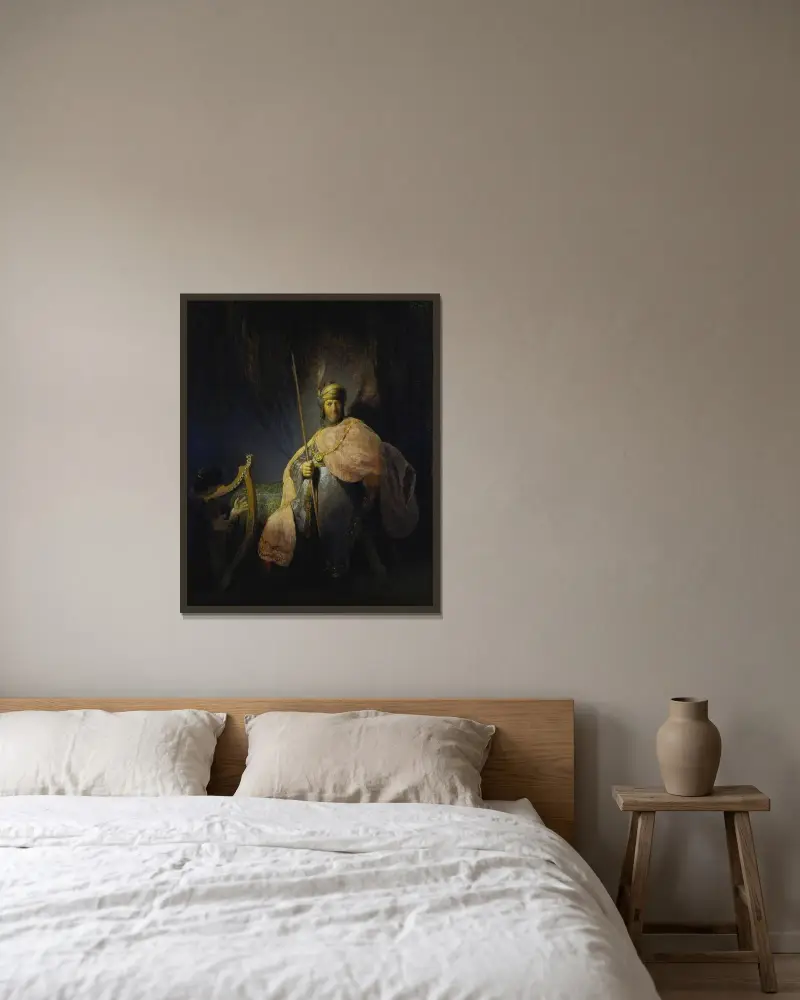 David spelar harpa inför Saul av Rembrandt van Rijn inramad på en vägg