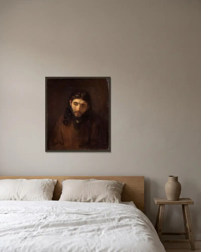 Head Of Christ av Rembrandt van Rijn inramad på en vägg