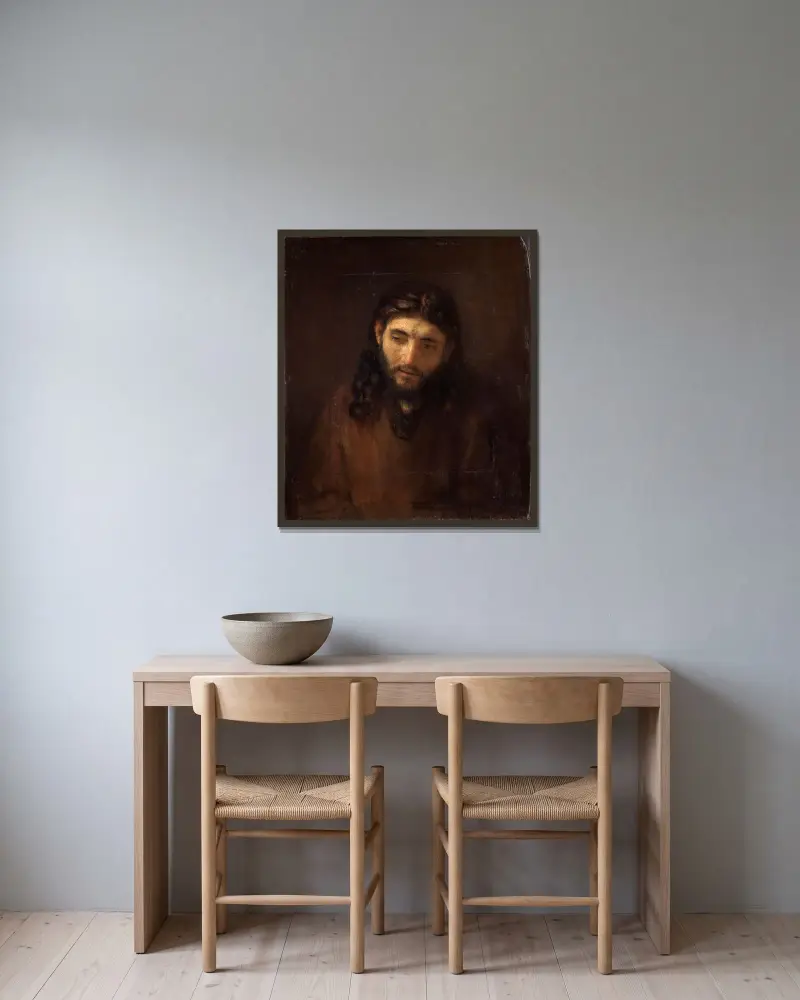 Head Of Christ av Rembrandt van Rijn inramad på en vägg