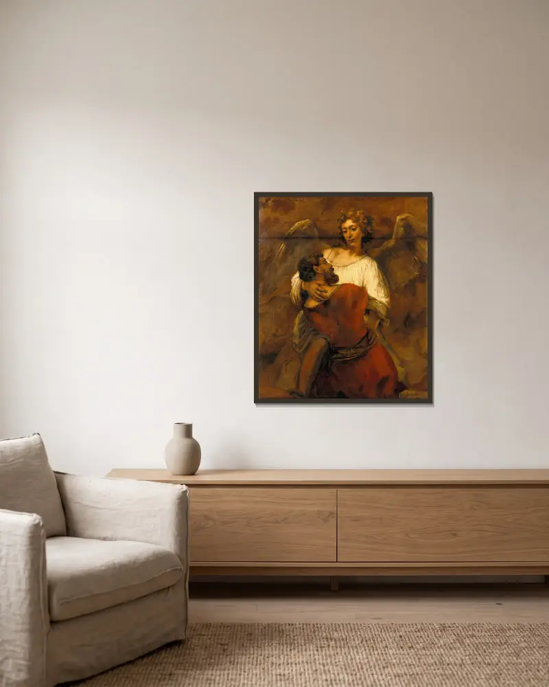 Jacob Wrestling with the Angel av Rembrandt van Rijn inramad på en vägg