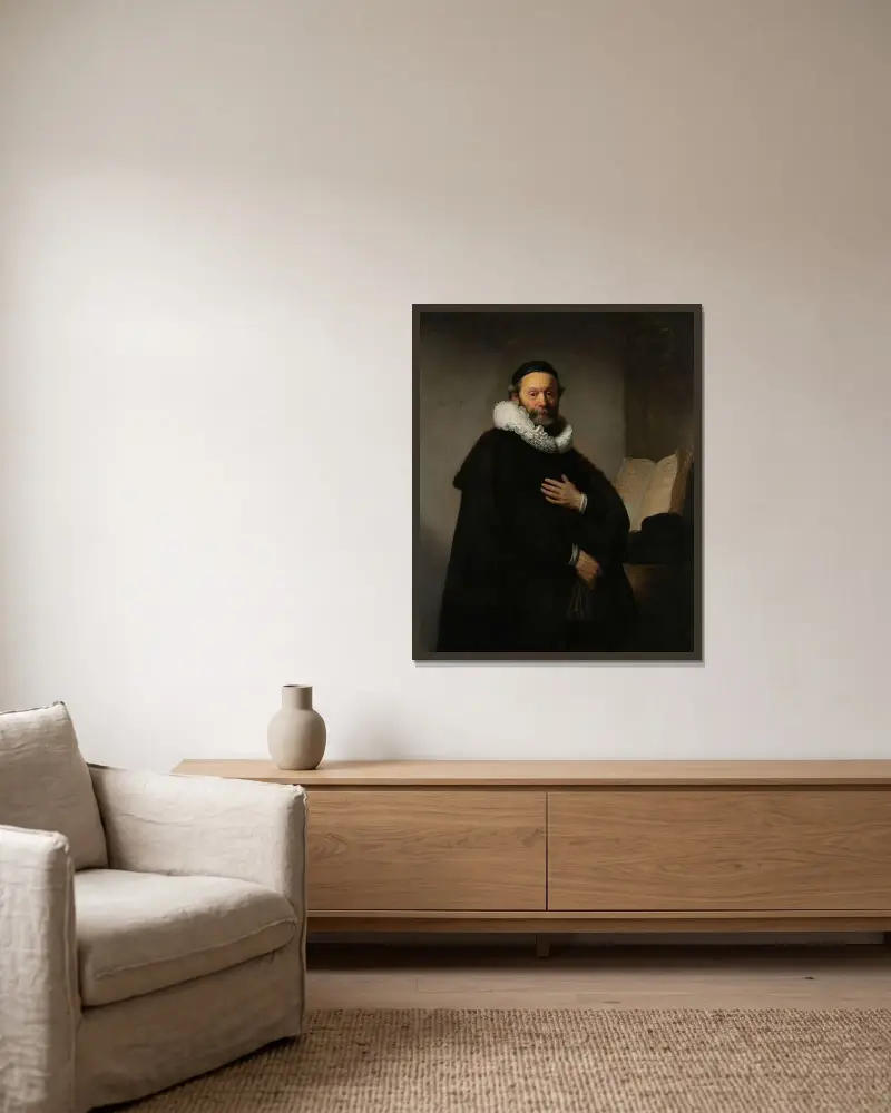 Johannes Wtenbogaert av Rembrandt van Rijn inramad på en vägg