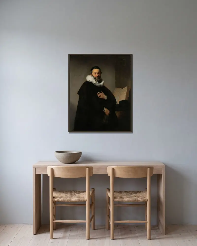 Johannes Wtenbogaert av Rembrandt van Rijn inramad på en vägg