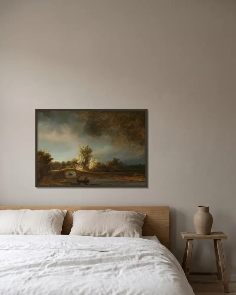 Landschaft mit der steinernen Brücke von Rembrandt van Rijn gerahmt an einer Wand