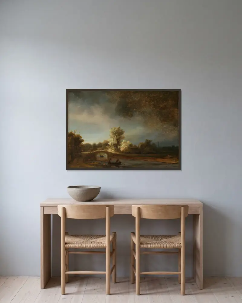 Landschaft mit der steinernen Brücke von Rembrandt van Rijn gerahmt an einer Wand