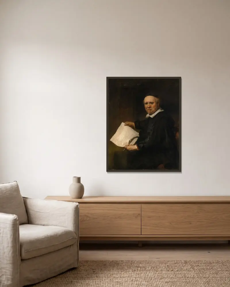 Lieven Willemsz van Coppenol av Rembrandt van Rijn inramad på en vägg