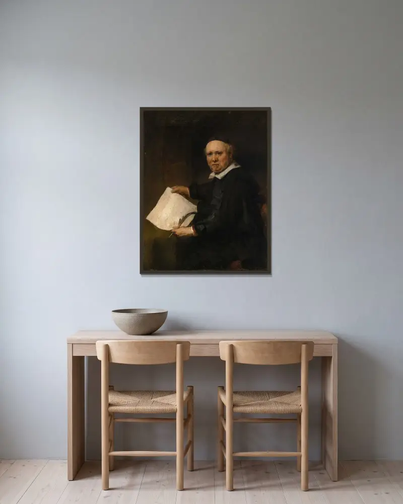Lieven Willemsz van Coppenol av Rembrandt van Rijn inramad på en vägg
