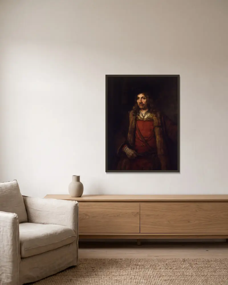 Mann im Pelzmantel von Rembrandt van Rijn gerahmt an einer Wand