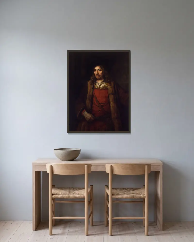 Mann im Pelzmantel von Rembrandt van Rijn gerahmt an einer Wand