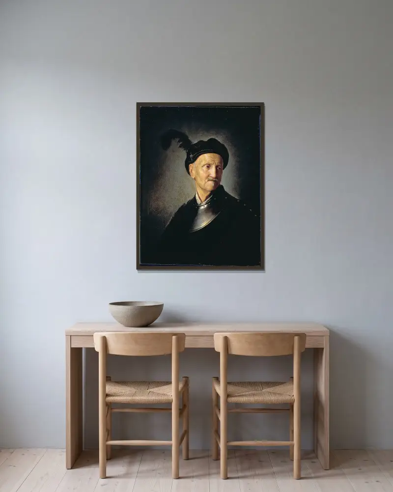 Muž v brnění, Rembrandt van Rijn v rámu na stěně