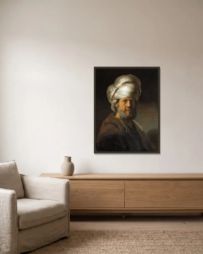 Man in Oriental Clothing av Rembrandt van Rijn inramad på en vägg