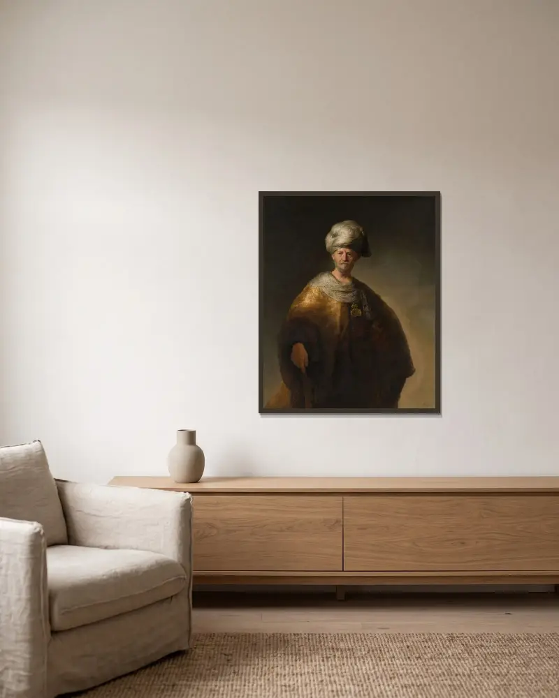 Man in Oriental Costume (The Noble Slav) av Rembrandt van Rijn inramad på en vägg