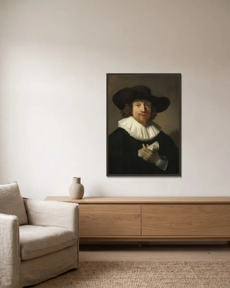 Man med notblad av Rembrandt van Rijn inramad på en vägg