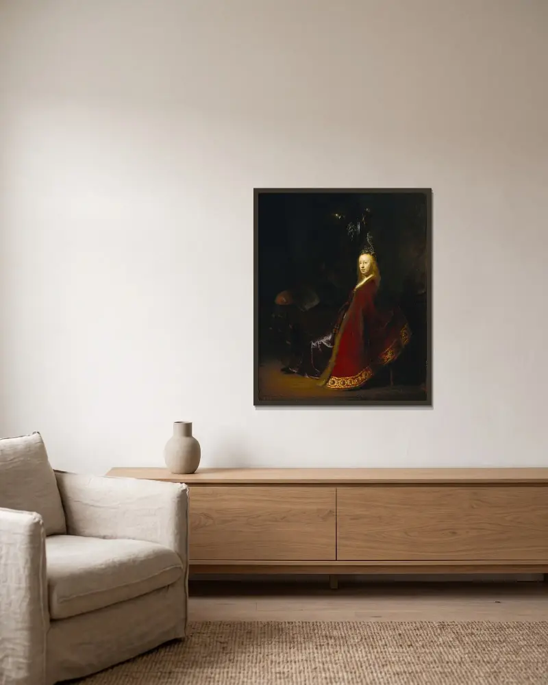 Minerva, 1631 von Rembrandt van Rijn gerahmt an einer Wand