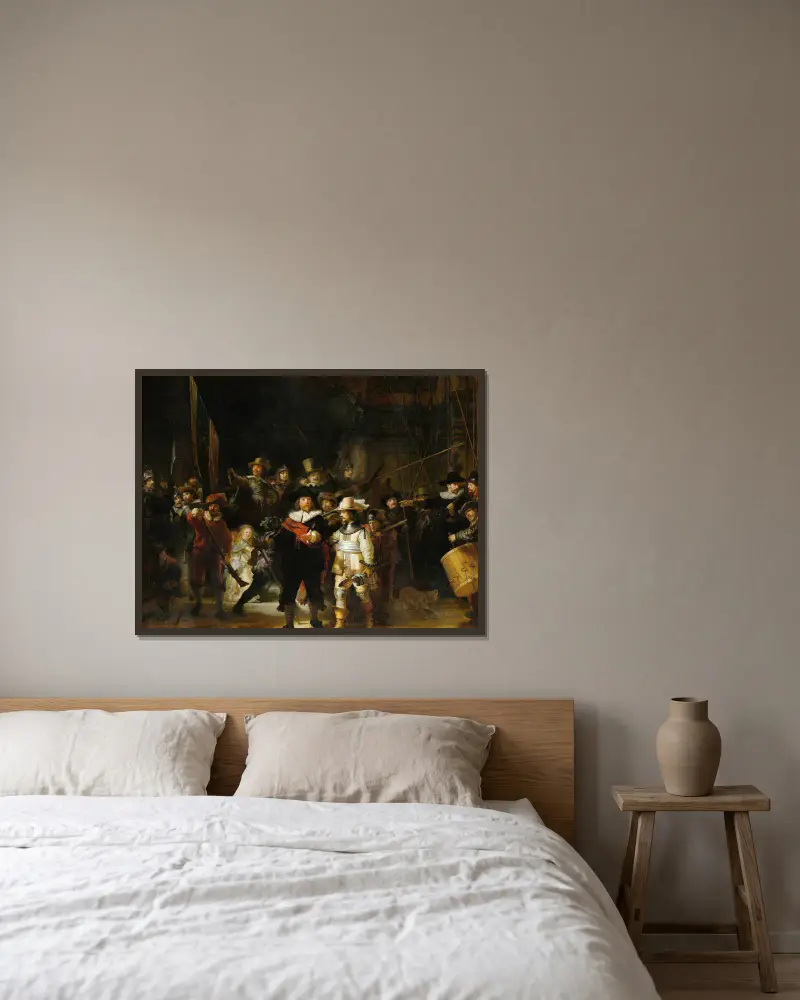 Nattvakten av Rembrandt van Rijn inramad på en vägg