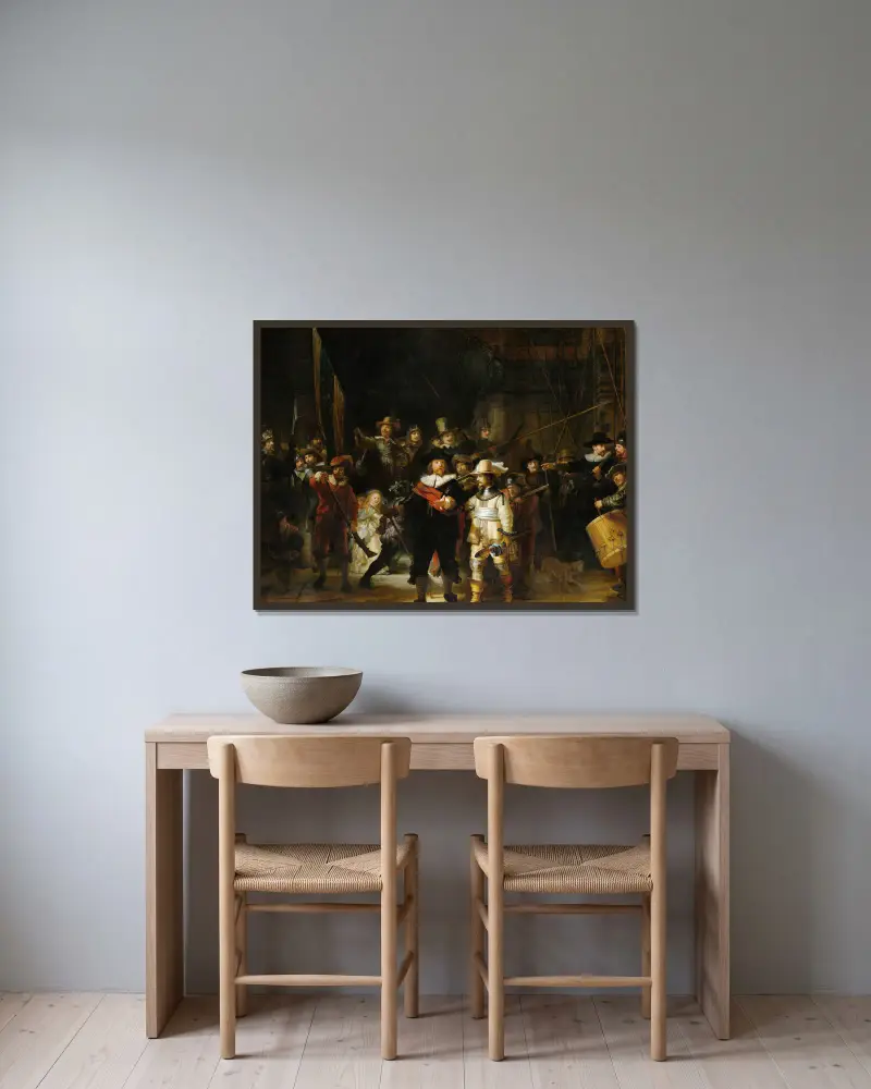 Nattvakten av Rembrandt van Rijn inramad på en vägg