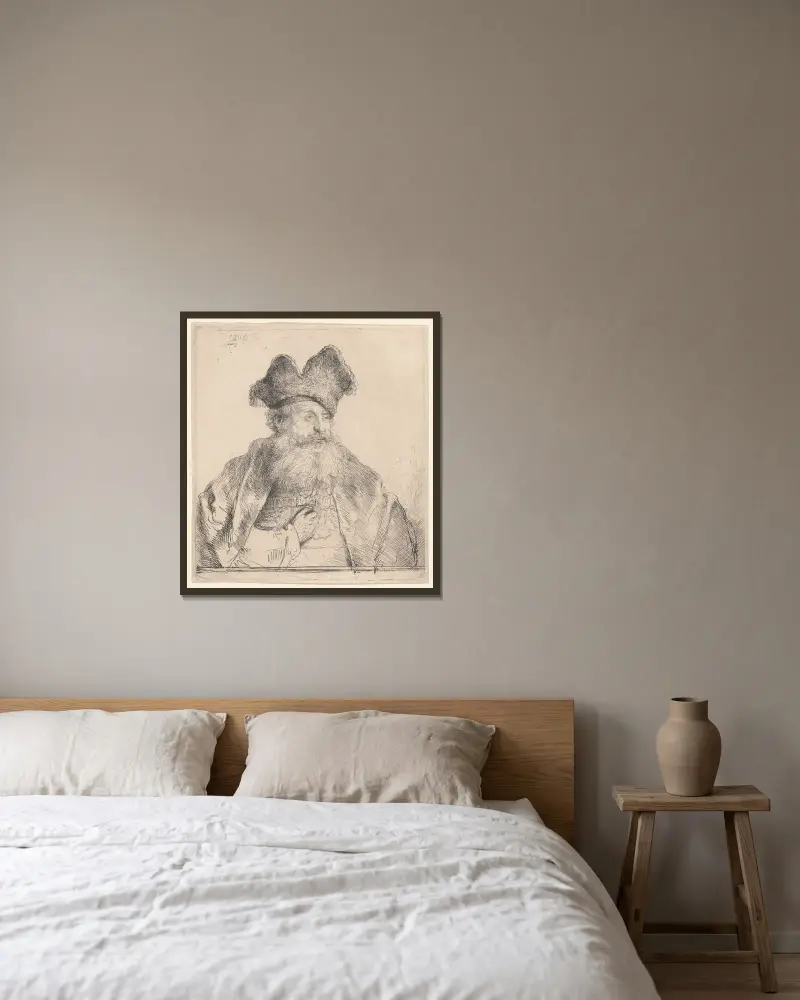 Old Man with a Divided Fur Cap av Rembrandt van Rijn inramad på en vägg
