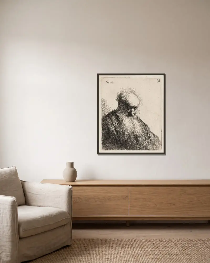 Starý muž s rozvlněným plnovousem, Rembrandt van Rijn v rámu na stěně