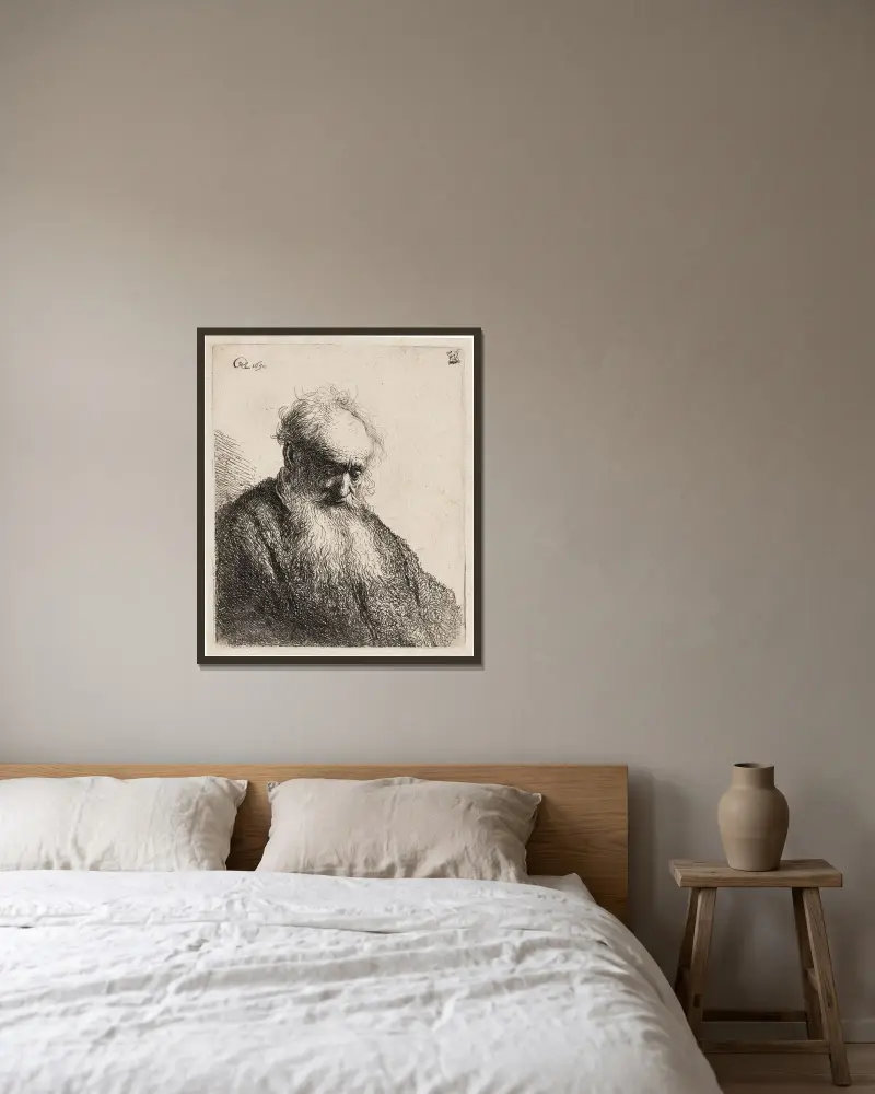 Starý muž s rozvlněným plnovousem, Rembrandt van Rijn v rámu na stěně