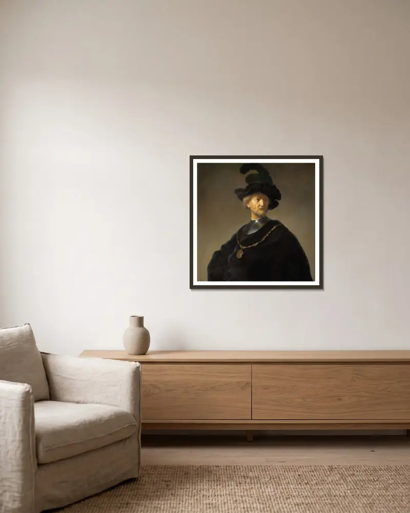 Bildnis eines alten Mannes mit goldener Kette von Rembrandt van Rijn gerahmt an einer Wand